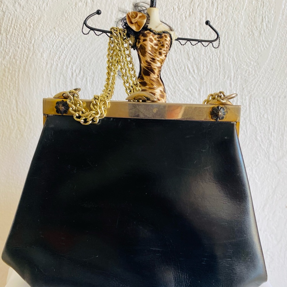 Tano Of Madrid vintage Black Leather Clutch with Gold Accents. Made in Spain 🇪🇸